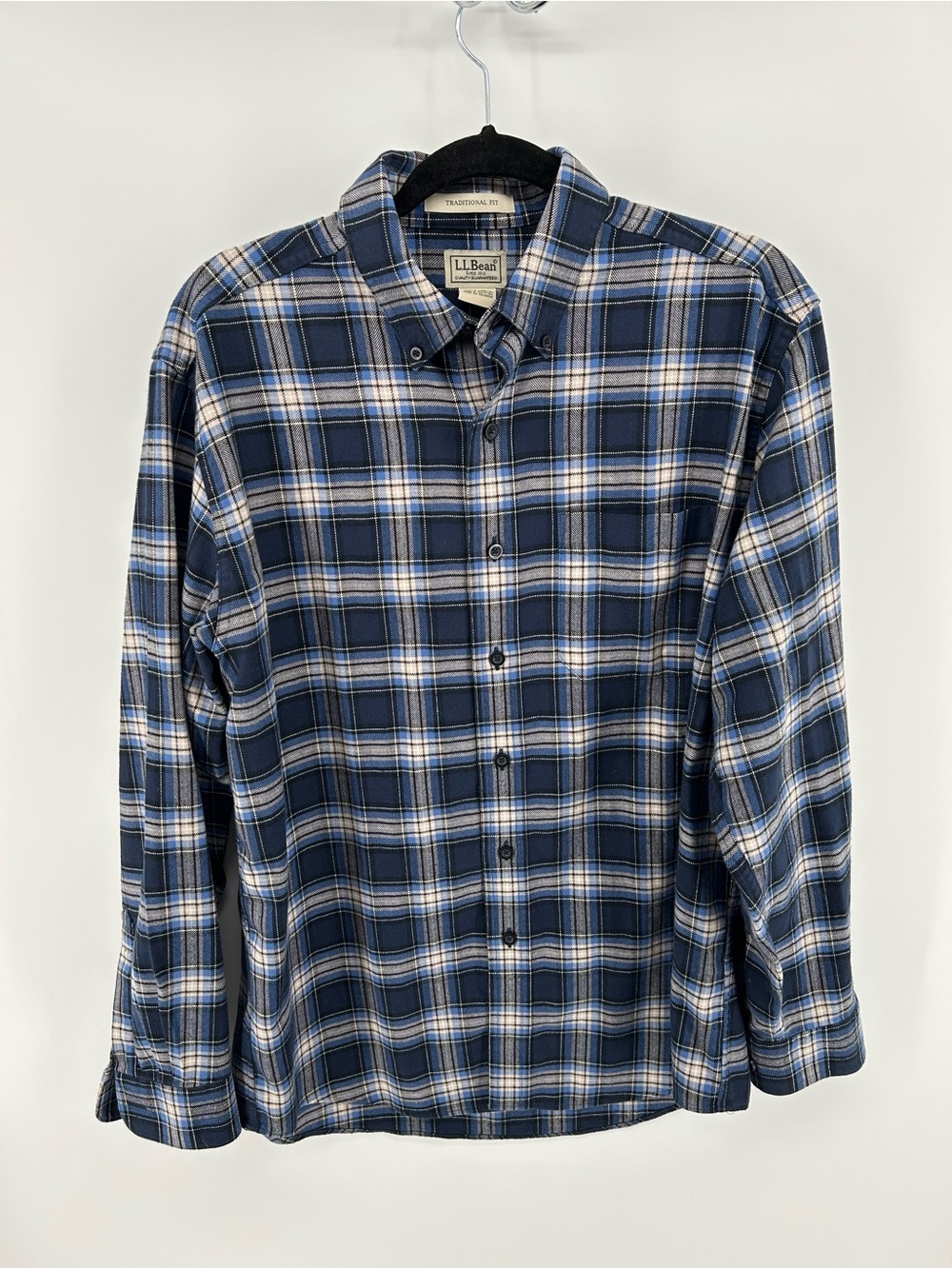L.L. Bean Men’s Navy and White Flannel Plaid Button-Down Shirt
